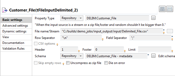 Configuration du composant tFileInputDelimited.