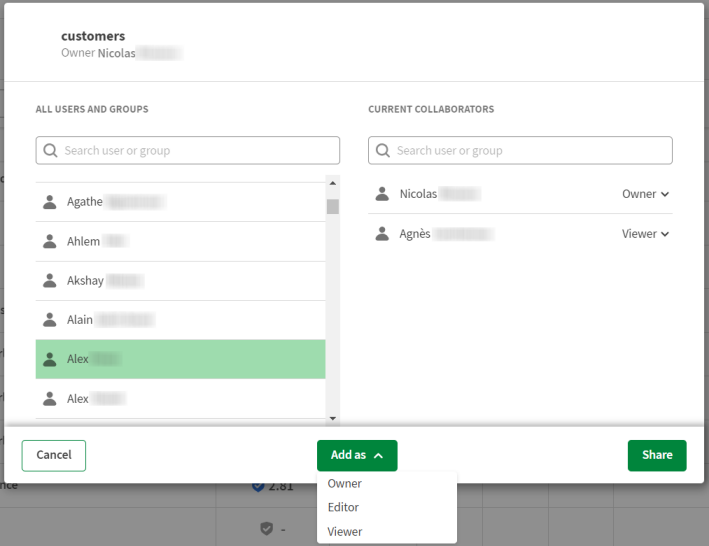 Panneau de configuration du partage d'un jeu de données nommé 'customers'.