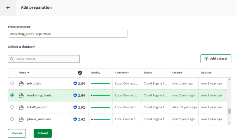 Fenêtre Add a preparation (Ajouter une préparation) avec la liste des jeux de données disponibles pour la création d'une préparation, notamment marketing_leads.