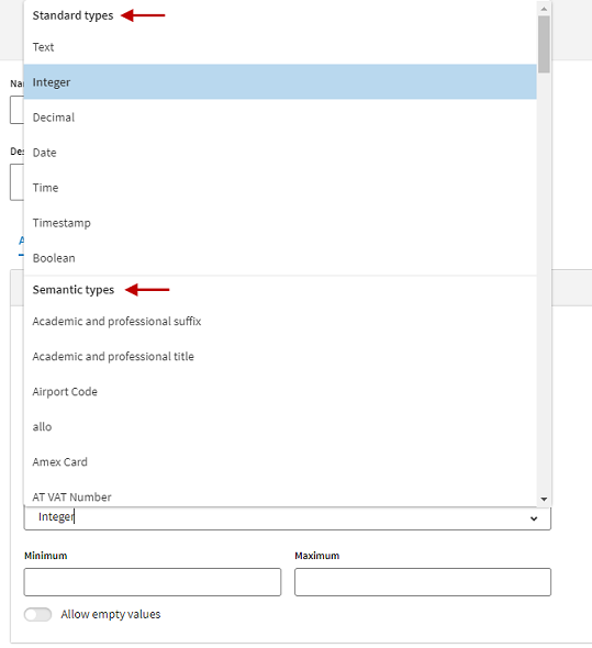 Types de colonnes dans la liste des types d'attributs.