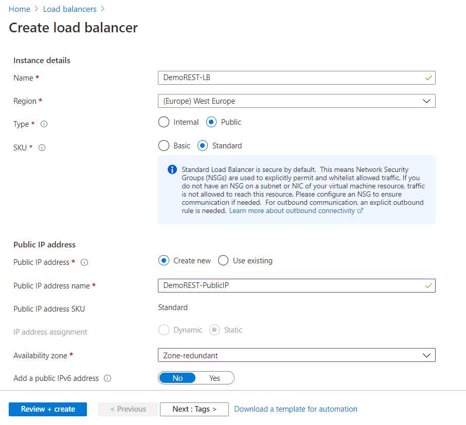 Paramètres de création d'un load balancer (répartiteur de charge).