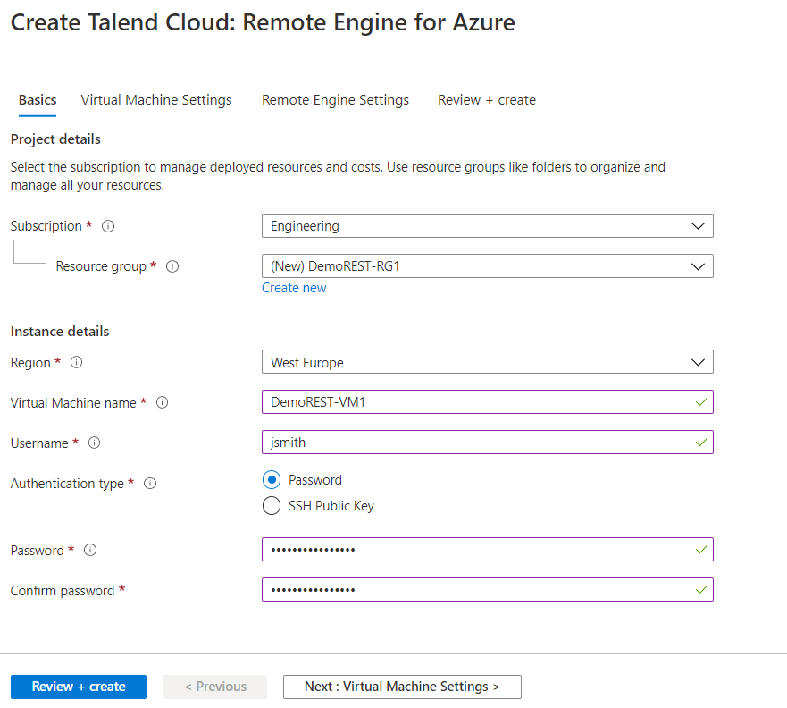 Onglet Basics (Simples) dans l'assistant de paramètres Create Talend Cloud: Remote Engine for Azure.