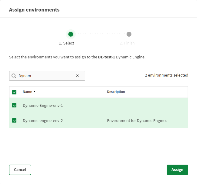 Sélection des environnements de Moteurs Dynamiques.