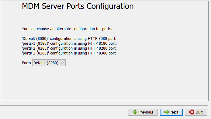 Fenêtre MDM Server Ports Configuration (Configuration des ports du serveur MDM).