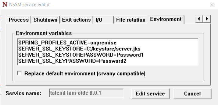 Onglet Environment (Environnement) avec les variables de KeyStore.