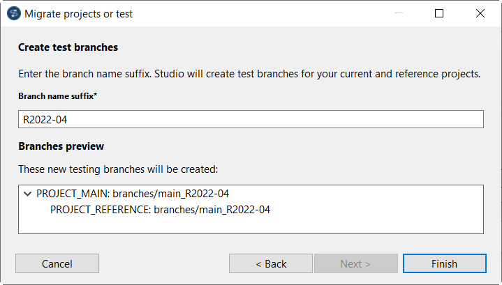 Assistant Migrate projects or test (Migrer les projets ou tester).