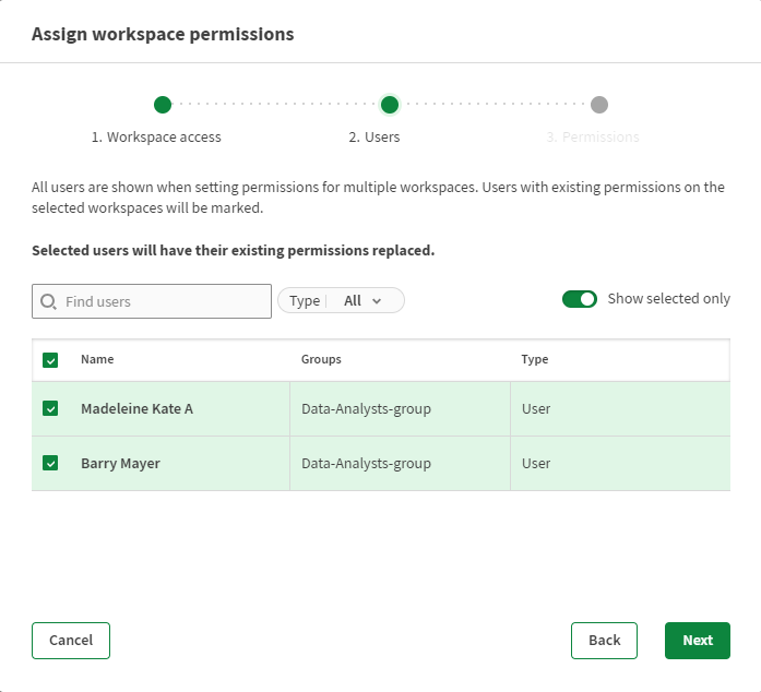 Liste d'utilisateur·trices sélectionné·es pour l'attribution des autorisations des espaces de travail.