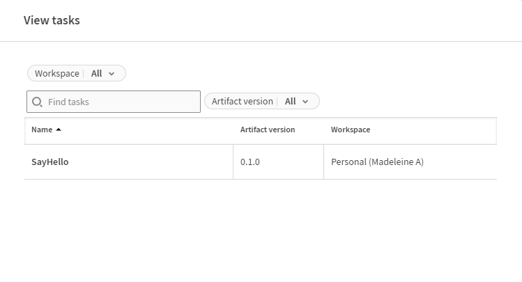 Liste des tâches utilisant l'artefact, la version utilisée et le nom de l'espace de travail.