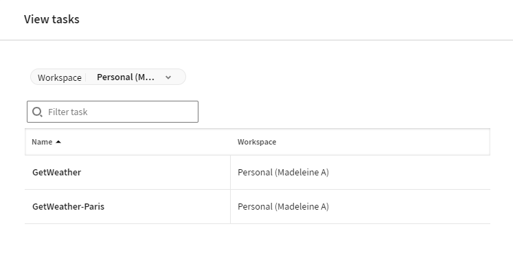 Liste de tâches utilisant la connexion et le nom de l'espace de travail.