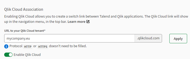 L'onglet Qlik Cloud affiche l'URL renseignée dans le champ du tenant Qlik Cloud et l'option Enable Qlik Cloud (Activer Qlik Cloud) activée.