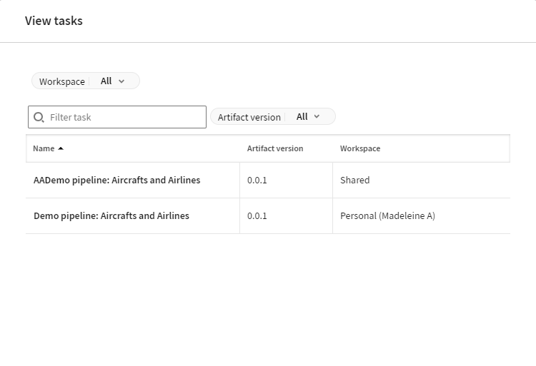 Liste des tâches utilisant l'artefact, la version utilisée et le nom de l'espace de travail.