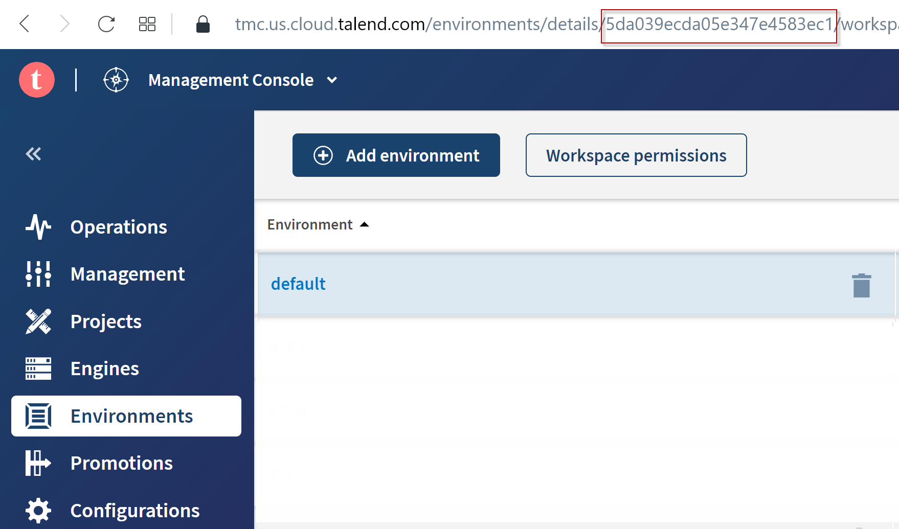 ID de l'environnement sélectionné s'affichant entre les sous-répertoires details et workspaces de l'URL.