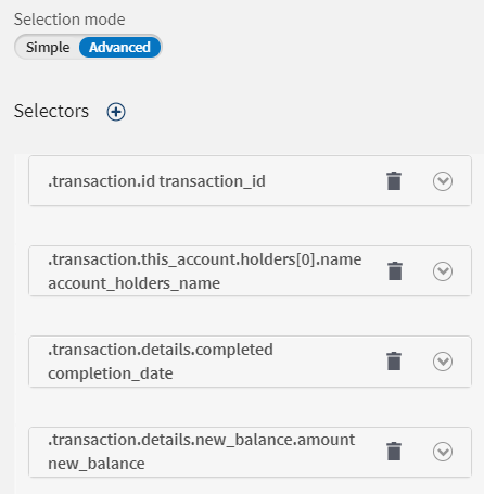 Mode avancé du processeur Field selector (Sélecteur de champs).