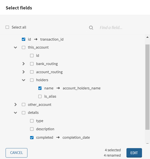 Mode simple du processeur Field selector (Sélecteur de champs).