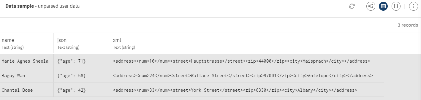 Aperçu d'un échantillon de données avec des enregistrements non parsés d'utilisateur·trices.