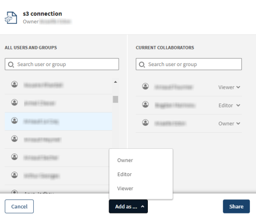 Panneau de configuration du partage d'une connexion Amazon S3.