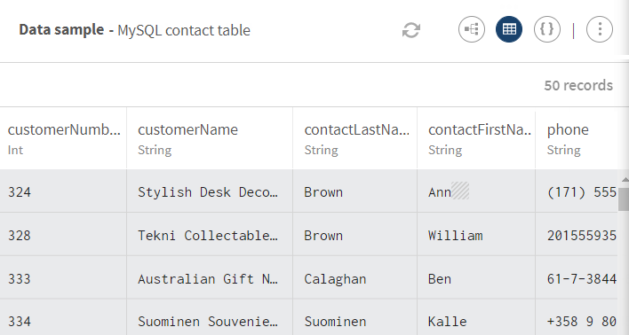 Le panneau d'aperçu présente un échantillon de la table customer MySQL utilisée comme source du pipeline.