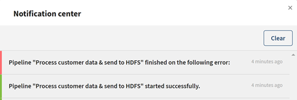 Le centre de notifications indique que le pipeline a démarré et qu'il s'est terminé avec une erreur.
