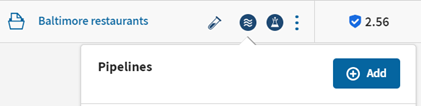 Le curseur de la souris passe sur l'icône Pipelines et un bouton 'Add (Ajouter)' s'affiche, permettant de créer un pipeline basé sur le jeu de données sélectionné.