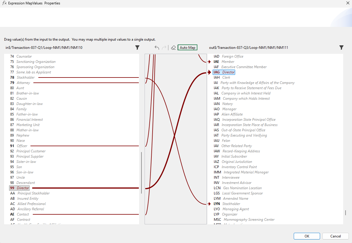 Boîte de dialogue Expression MapValues Properties avec la nouvelle option Auto Map.