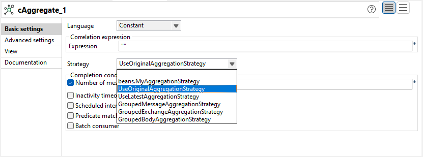 Vue Basic settings du cAggregate.