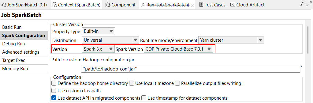 Vue Spark Configuration (Configuration Spark) d'un Job Spark Batch avec la version 7.3.1 de CDP Private Cloud Base sélectionnée.