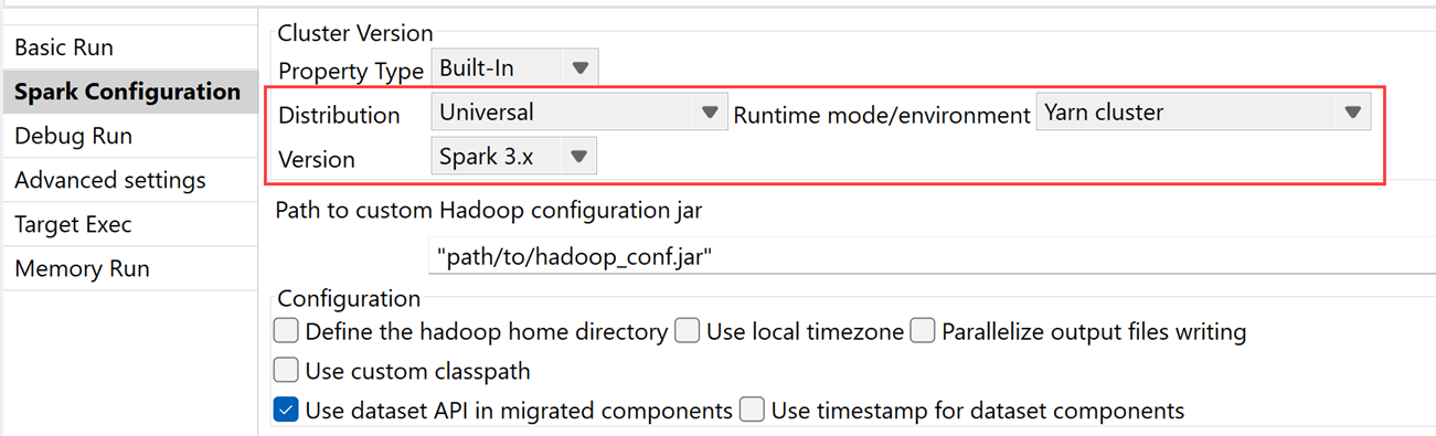 Vue Spark Configuration (Configuration de Spark) d'un Job Spark Batch.