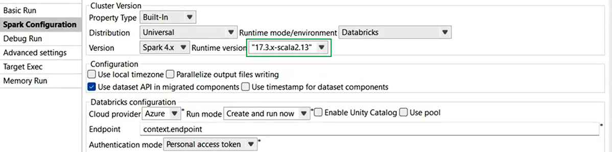 Databricks 17.3 LTS avec Spark Universal 4.x dans Spark Configuration (Configuration de Spark).