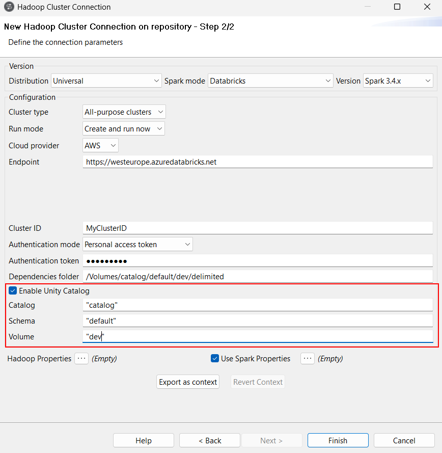 Paramètre Enable Unity Catalog (Activer Unity Catalog) sélectionné dans l'assistant de métadonnées Hadoop Cluster Connection (Connexion au cluster Hadoop).