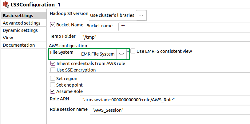 Option File System (Système de fichiers) dans le composant tS3Configuration.