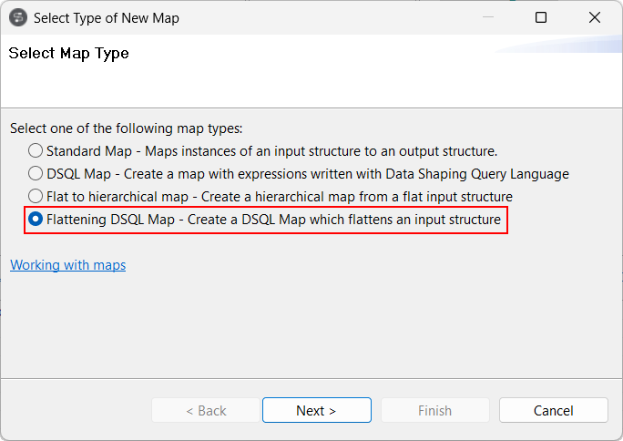 Création d'une map Flattening DSQL Map (Map d'aplatissement DSQL).