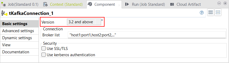 Vue Basic settings (Paramètres simples) du tKafkaConnection Basic avec la version 3.2 and above (3.2 et supérieures) sélectionnée.