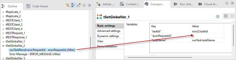 Glisser-déposer des variables depuis la vue Outline (Structure) dans les composants ayant des paramètres de tables.