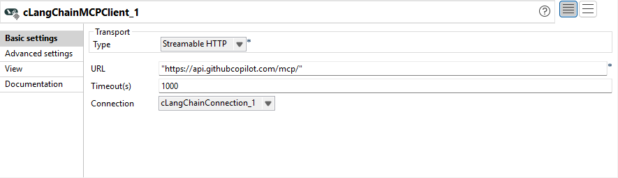 Vue Basic settings (Paramètres simples) du composant cLangChainMCPClient.