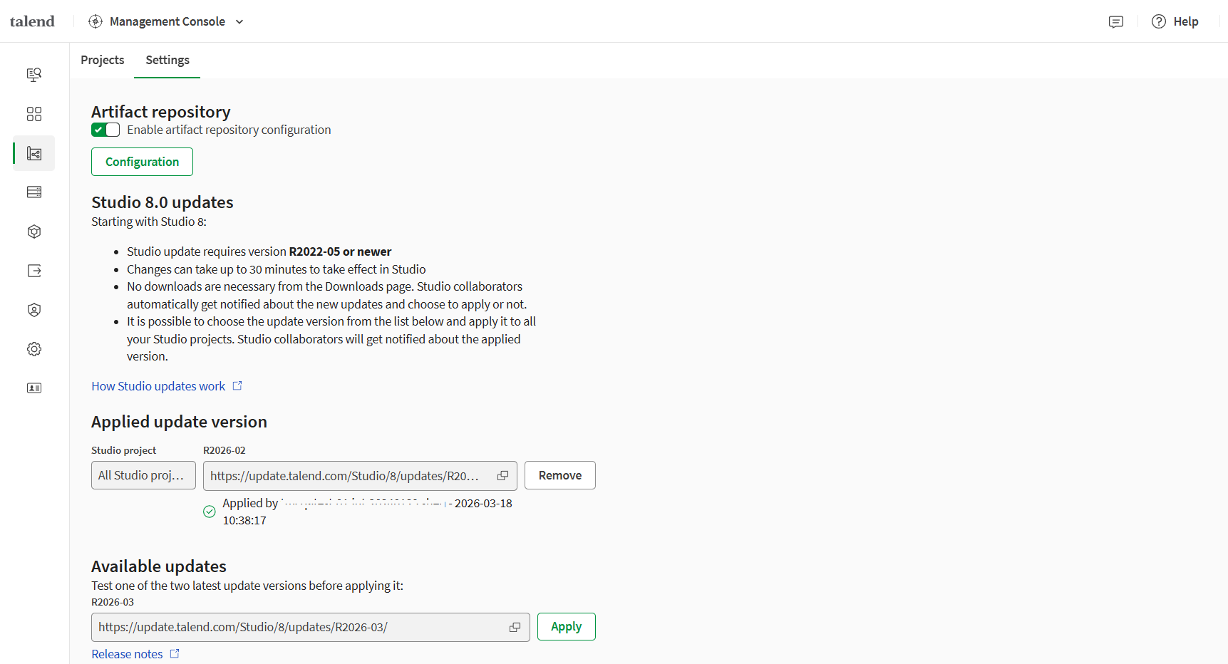 Nouvel onglet Settings (Paramètres) pour la configuration du Studio, dans la page des projets Studio.