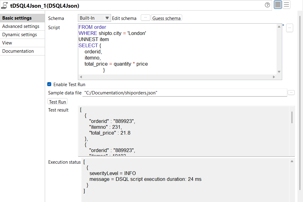 Nouveau composant tDSQL4JSON dans le Studio Talend.