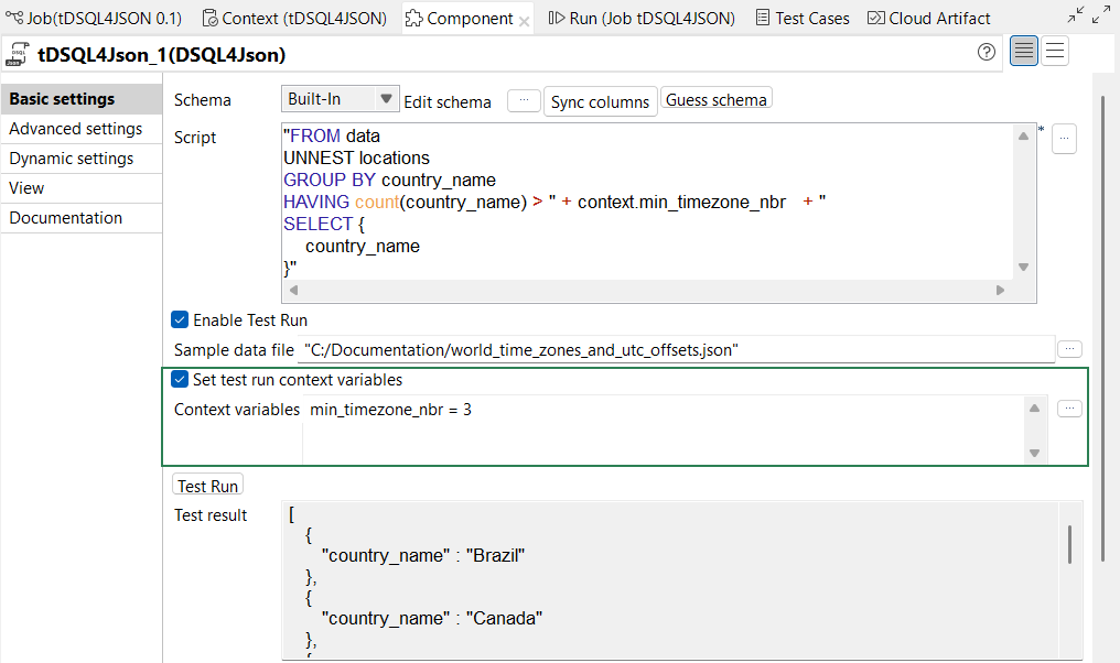 Nouvelle propriété Set test run context variables (Configurer des variables de contexte pour l'exécution de test) sélectionnée dans le tDSQL4JSON.