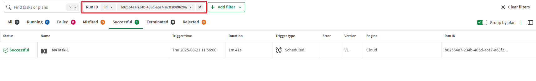 Facette Run ID (ID d'exécution).