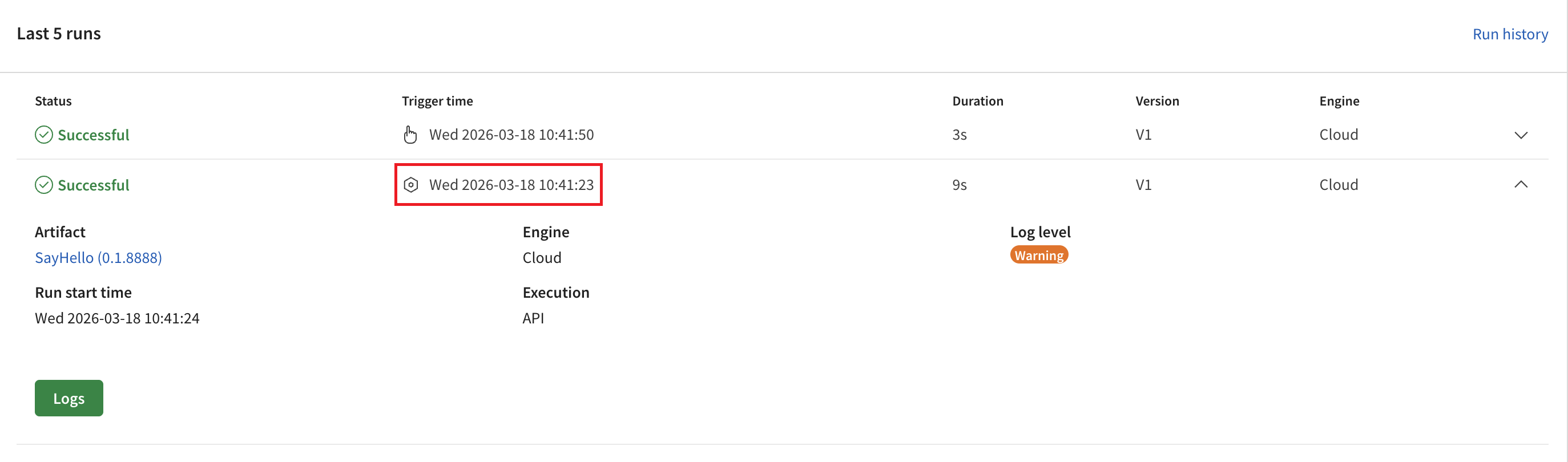 Icône Trigger type (Type de déclencheur) dans la section Last 5 runs (5 dernières exécutions).