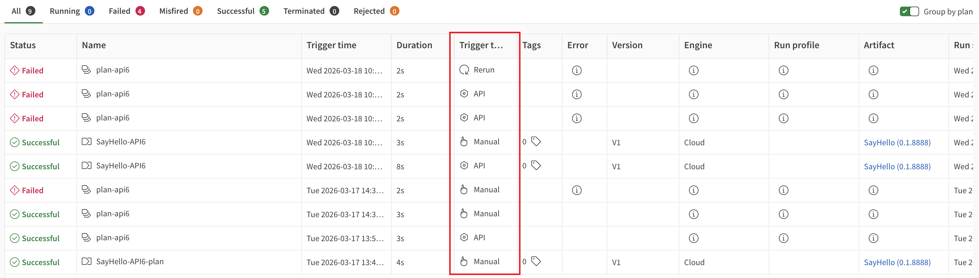 Colonne Trigger type (Type de déclencheur) dans la page Operations (Opérations).