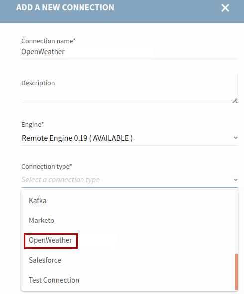 Capture d'écran présentant comment ajouter une connexion à Moteur distant Gen2 dans Talend Cloud Pipeline Designer.