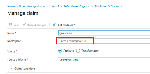 Vue Manage claim dnas laquelle vous pouvez vider le champ d'espace de noms.