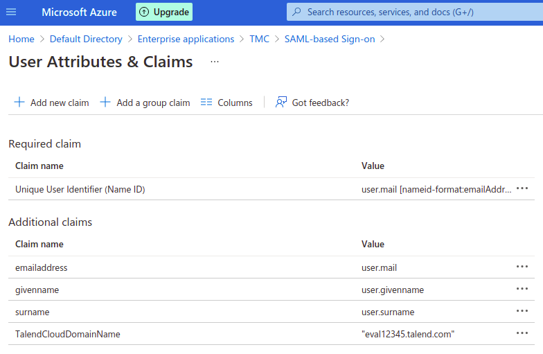 Page User Attributes & Claims (Attributs et revendications des utilisateurs).