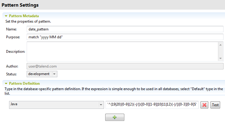 Vue d'ensemble des sections Pattern Metadata (Métadonnées du modèle) et Pattern Definition (Définition du modèle).