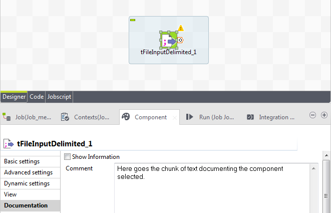 Vue Documentation dun composant contenant le commentaire suivant : "Here goes the chunk of text documenting the component selected".