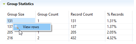 Capture d'écran de l'onglet Group Statistics (Statistiques de groupes).