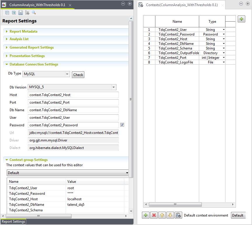 Vue d'ensemble de l'onglet Report Settings (Paramètres du rapport) et de la vue Context (Contexte).