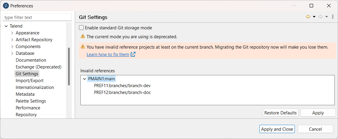 Section Git Settings (Paramètres Git) de la fenêtre des Preferences (Préférences).