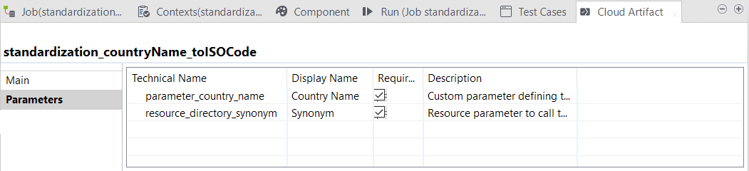 Vue Parameters (Paramètres) du Job.