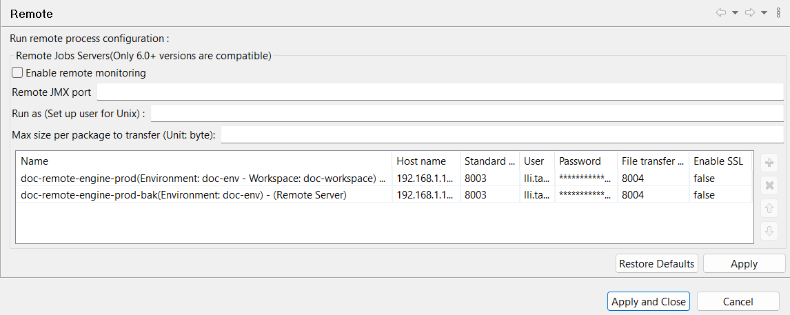 Configuration Remote (À distance) dans la fenêtre Preferences (Préférences).